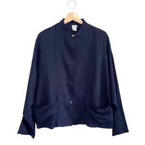 Eileen Fisher Linen Blend Button Front Shirt Topper Jacket Navy Medium